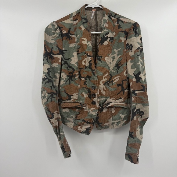 Free People Blazer Women 0 Green Camouflage Fitted Jacket Buttons Army Knit - Picture 1 of 12